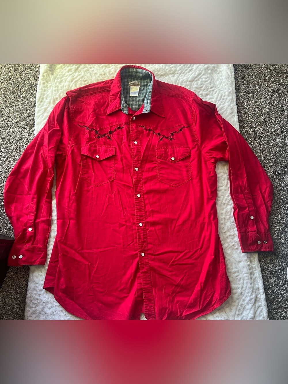 Men’s Red Western Button-Up Shirt with Black Barbed Wire Embroidery | Size XL - Picture 2 of 10